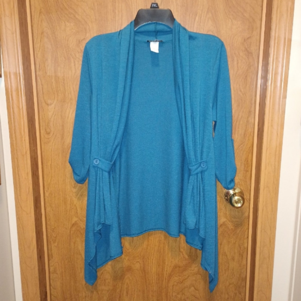 *4/$24* Uptown Vibe Turquoise Open Cardigan Jacket Teal Drape Ladies Medium USA